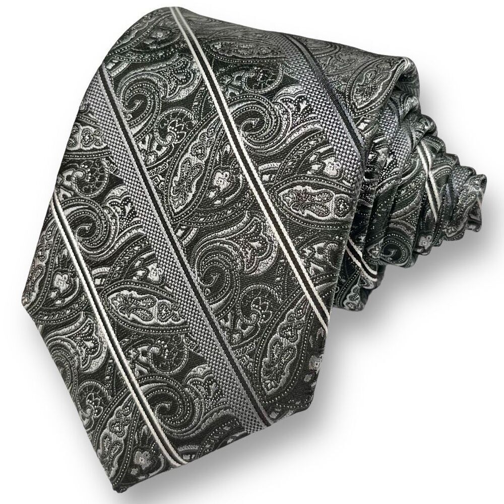 PLATINUM DESIGNS Men’s Washable Black/Silver Paisley Striped 100% Polyester Tie